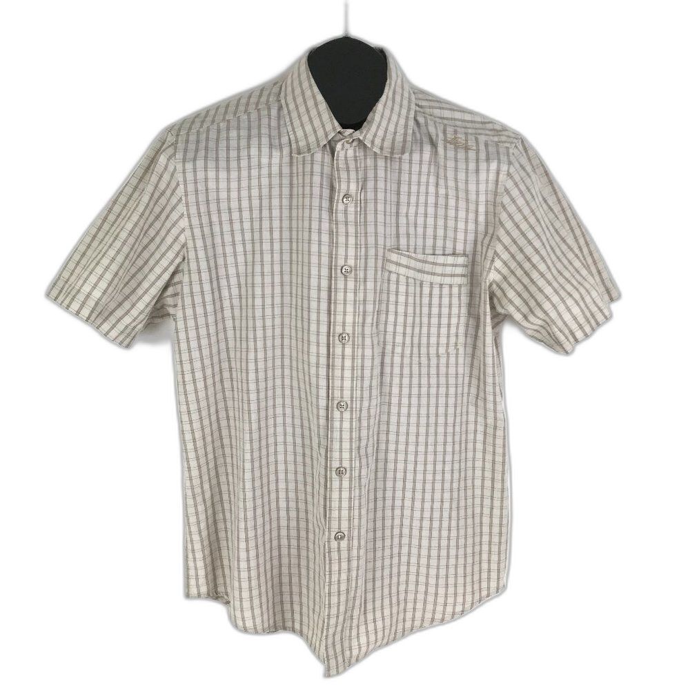 Fox Button Up Shirt Men's Large Casual Short Sleeve 100% Cotton Beige Pocket